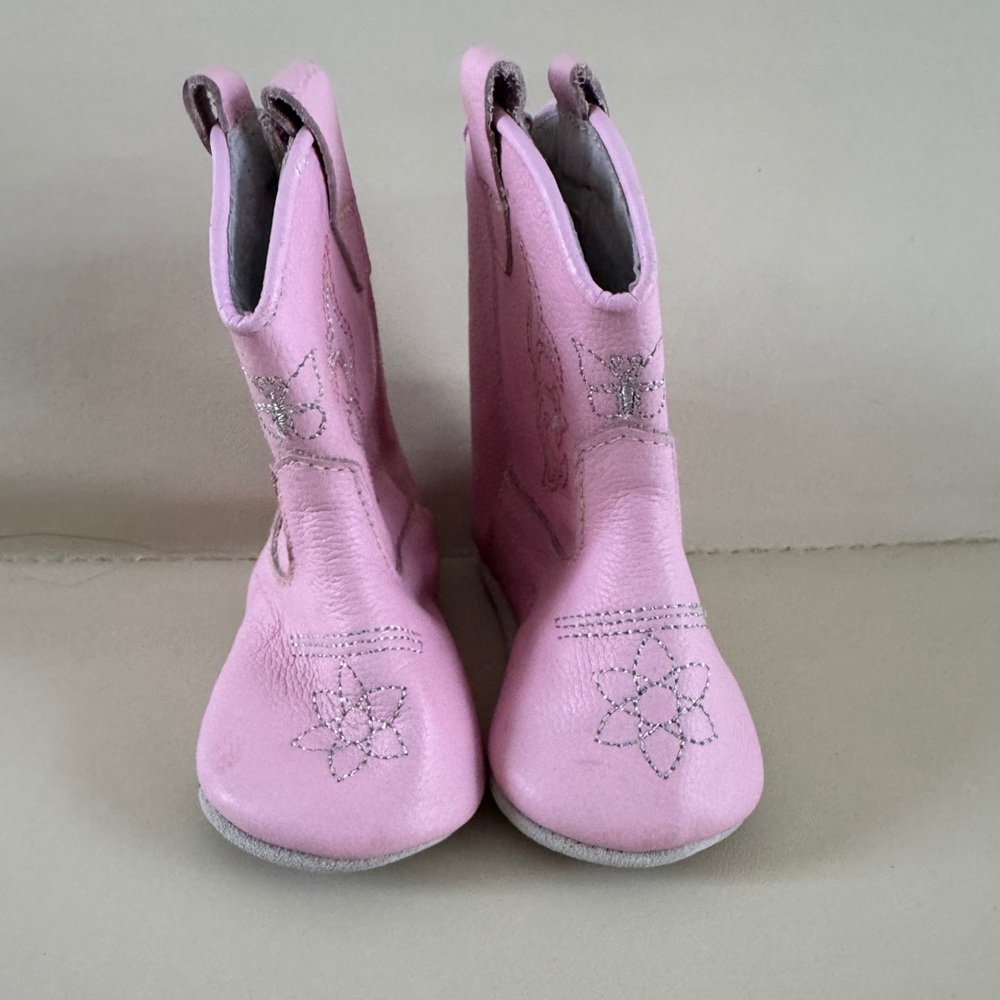 MaM TaKON Pink Leather Soft Sole Baby Boots Floral Embroidery 6-12M